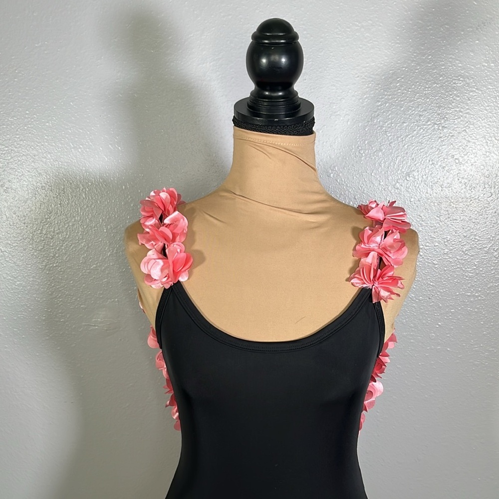 Black pink floral appliqué Scoop Back OnePiece cheeky Swimsuit S coquette resort - Picture 8 of 11